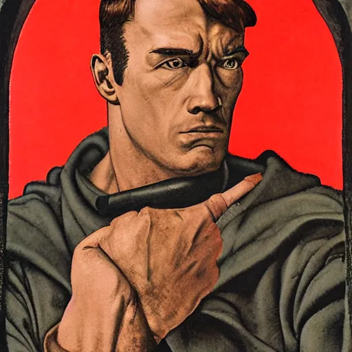 Prompt: portrait of Nazi Arnold Schwarzenegger as a Wolfenstein character, by Angus McBride, Gentile Bellini, Piero della Francesca, and Arthur Rackham. HD face portrait.