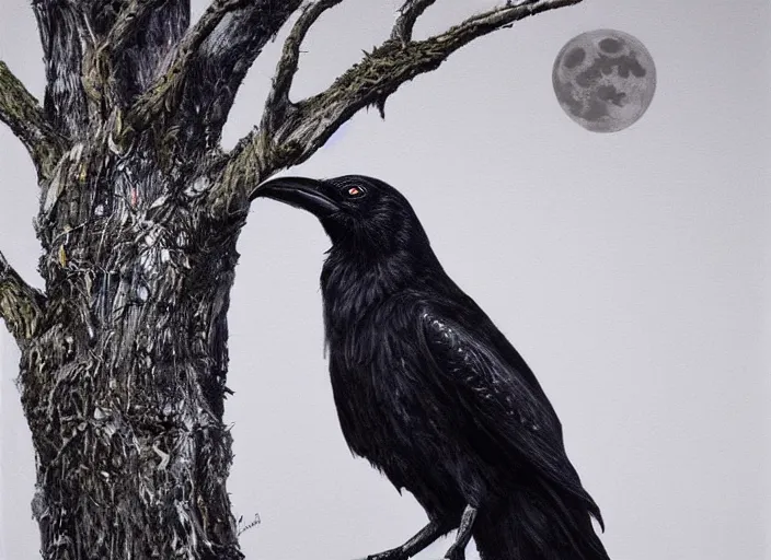 Image similar to a hyper-detailed oil portrait of a crow on a tree in front of the full big moon; an extraordinary masterpiece!!!; flawless; proud posture; photorealistic eyes; trending on artstation; f/1.4; 90mm