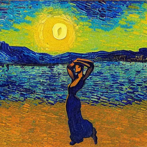 Image similar to dancer silhouette in front of sunset clouds van gogh oil painting