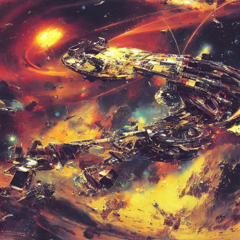 Image similar to spaceship that looks like the kool-aid man bursting into hyperspace, by John Berkey, concept art, space