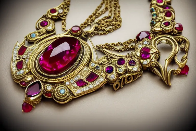 Image similar to highly detailed oil painting, front view, very realistic gemstones, art nouveau, ornate, delicate, brilliant ruby necklace, necklace on display, dramatic light,