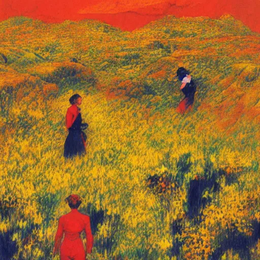 Image similar to 3 people in red desert drowning in a sea of yellow flowers, highly detailed, intricate, surreal, painting by Franz Marc, part by Yoji Shinkawa, part by Norman Rockwell, artstation