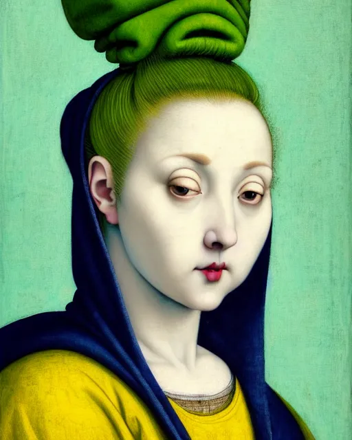 Image similar to portrait of a pale curvy woman with green blue hair buns, wearing a yellow hoodie, intricate details, high detail, black background, in a high renaissance style, in the style of jacopo da pontormo, by mark ryden, punk, asian art,