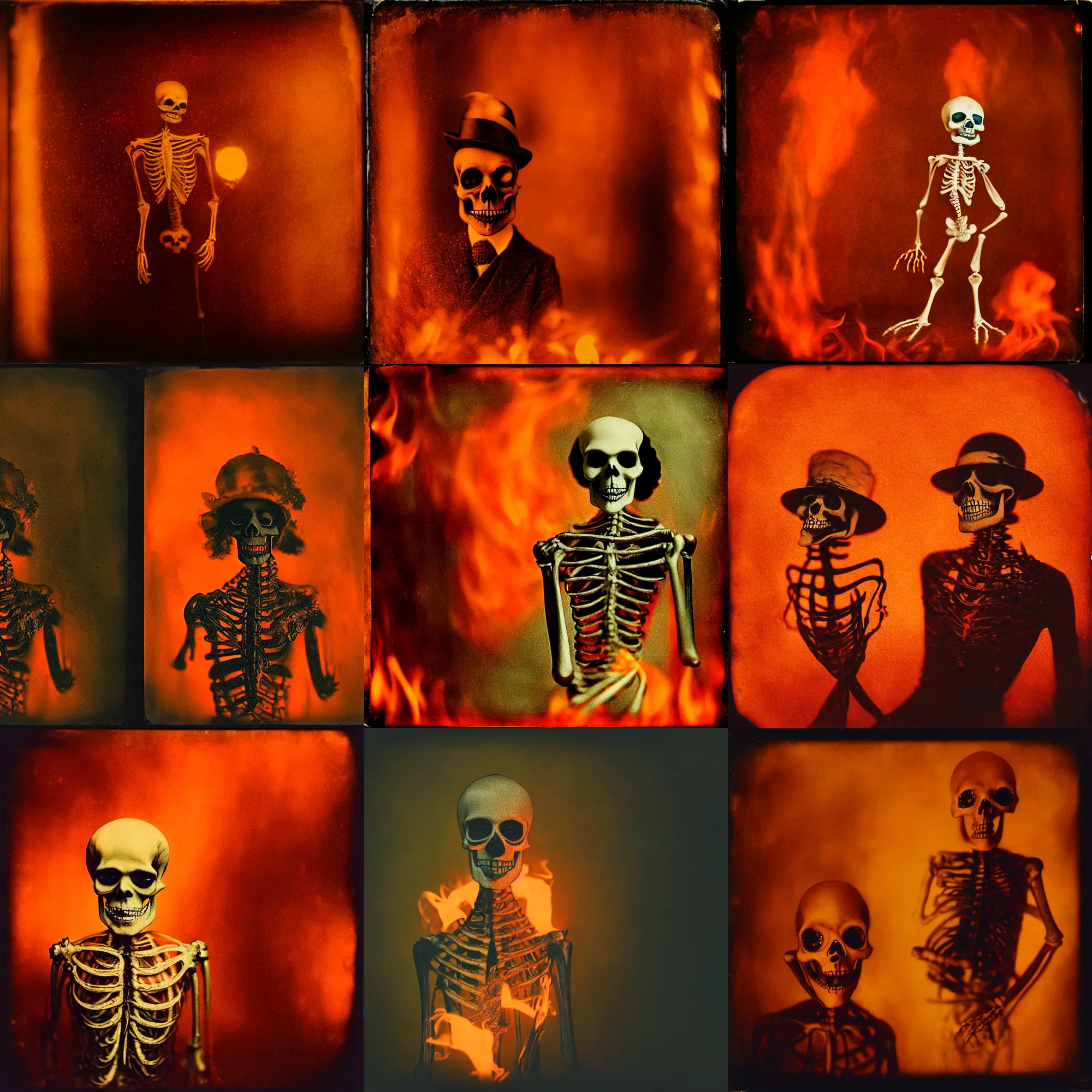 Prompt: kodak portra 4 0 0, wetplate, motion blur, portrait photo of a backdrop, skelleton, golden 1 9 2 0 s, coloured in orange fire, sparkling, by georges melies and by britt marling, muted colours