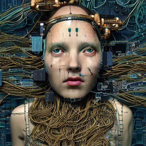 Image similar to give me a higher love, piles of modular synth cables, goddess swimming up wearing a headpiece made of circuit boards, by cameron gray, wlop, stanley kubrick, masamune, hideki anno, jamie hewlett, unique perspective, trending on artstation, 3 d render, vivid