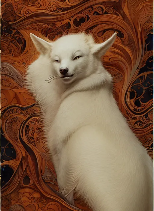 Image similar to white kitsune in autumn color kimono, wooden art nouveau swirls, subsurface scattering, by jesper ejsing, justin gerard, tomasz alen kopera, cgsociety and fenghua zhong, highly detailed, rim light, cinematic lighting, illustration, art, octane render, very coherent, cinematic, hyper realism, high detail, octane render, 8 k