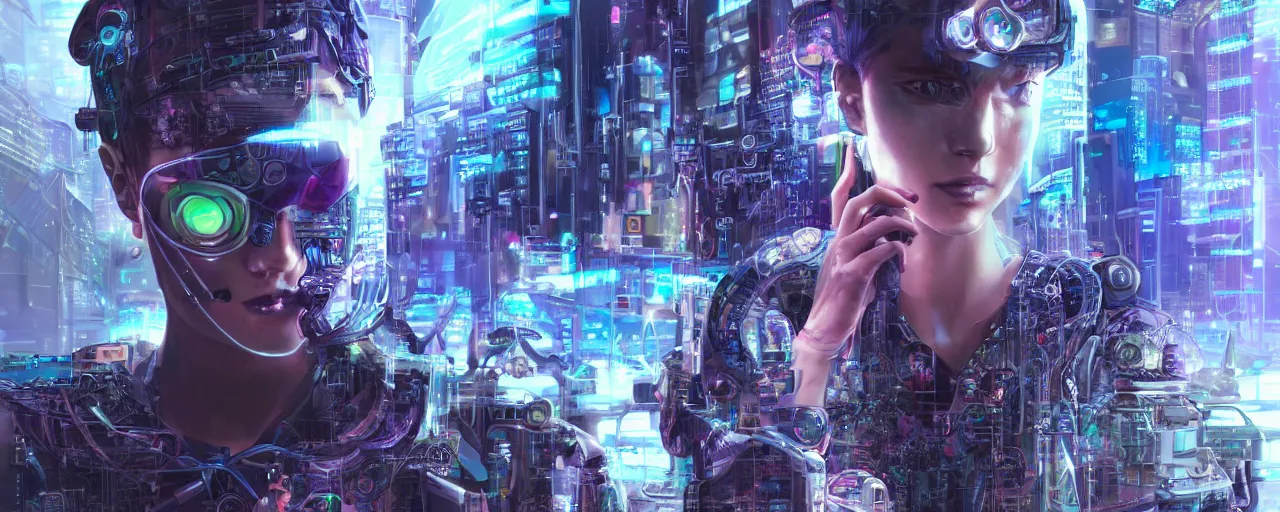 Prompt: portrait of a cyberpunk sci-fi artificual intelligence machine, third person, D&D, sci-fi fantasy, intricate, hologram colors , highly detailed, art by Range Murata, highly detailed, isometric 3d, octane render, bright colors, digital painting, trending on artstation, sharp focus, illustration style of Stanley Artgerm,