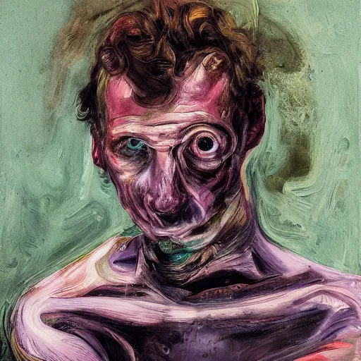 Image similar to high quality high detail painting of a man in agony by lucian freud and jenny saville and francis bacon and malcom liepke and nicola samori, hd, anxiety, seated with friend in a living room crying and screaming, turquoise and purple and orange and pink, dark atmosphere