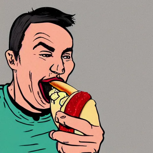 Image similar to a man eating a hot dog, highly detailed