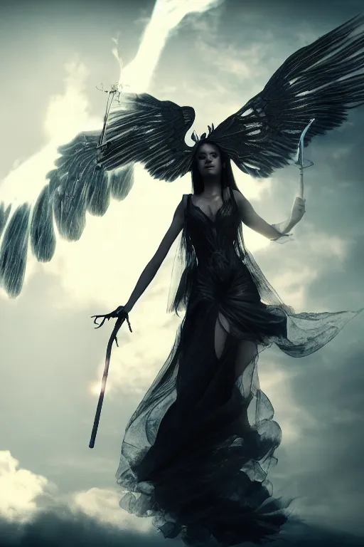 Image similar to beautiful woman with black angelic wings holding a magical staff, falling from the sky, cinematic lighting, dramatic atmosphere, 4k resolution, trending on artstation