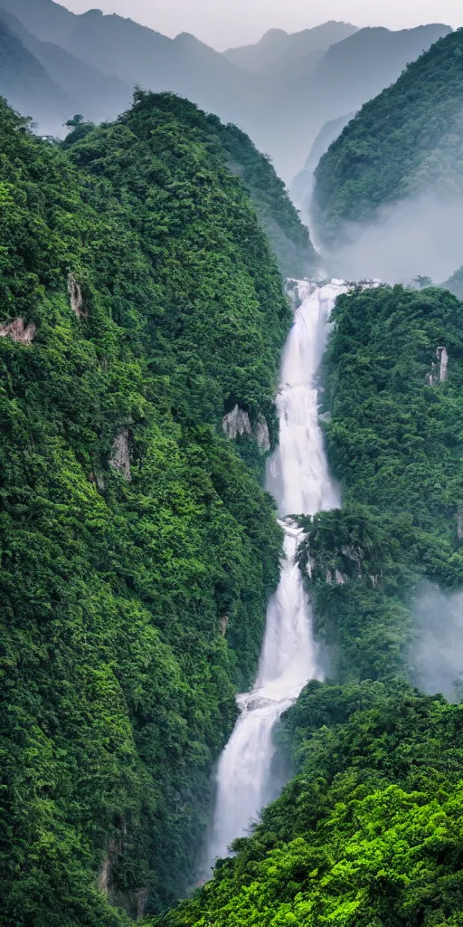 Prompt: a Cloudy peak in southern China with one waterfall, the style of National Geographic magazine