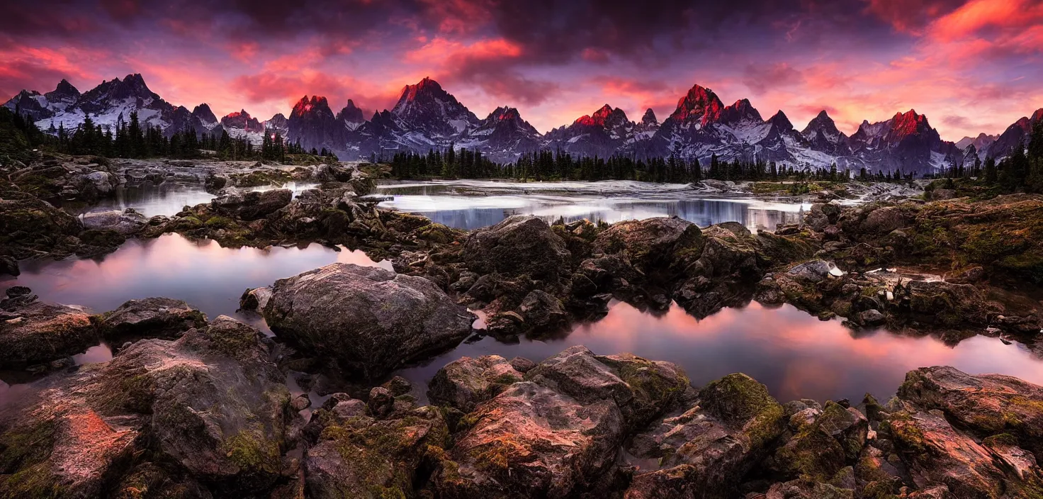 Image similar to amazing landscape photo of mountains with lake in sunset by marc adamus, beautiful dramatic lighting