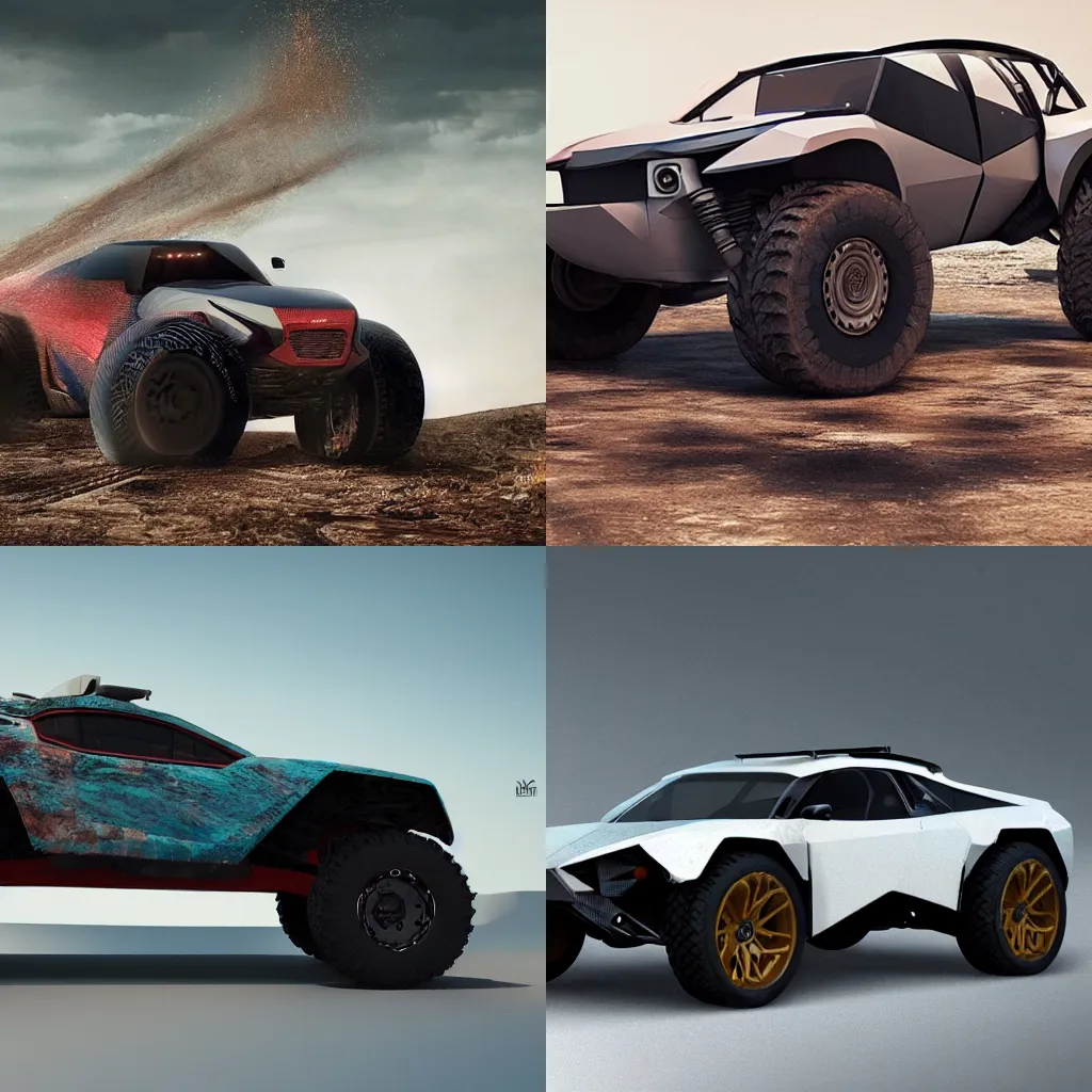 Prompt: a new off-road car for the year 2030, by Khyzyl Saleem and Filippo Ubertino and Javier Oquendo, octane rendering, whole car in full image view