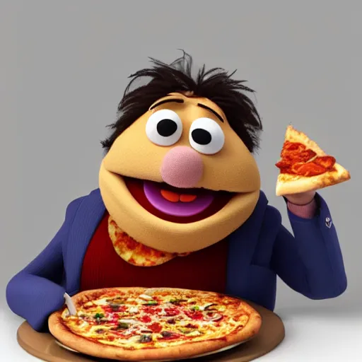 Image similar to digital art of portrait of danny devito as a muppet eating pizza, excited facial expression, head - and - shoulders shot, white background, cute pixar character, houdini 3 d render