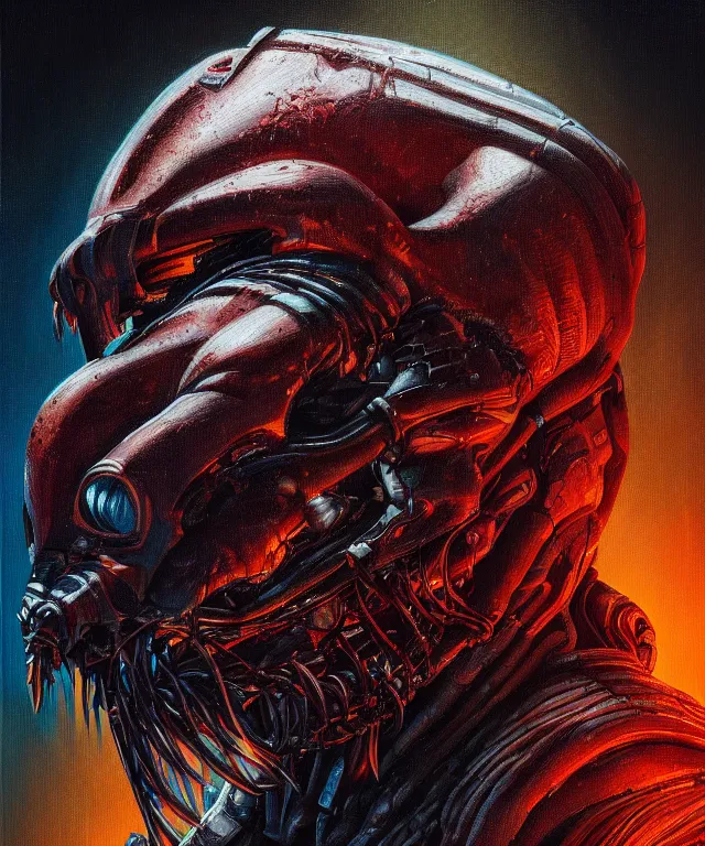 Image similar to a portrait of the predator by chris ayers, oil on canvas, deep depth field, masterpiece, by dan mumford, trending on artstation, featured on pixiv, cinematic composition, hyper - detailed, hd, hdr, 4 k, 8 k