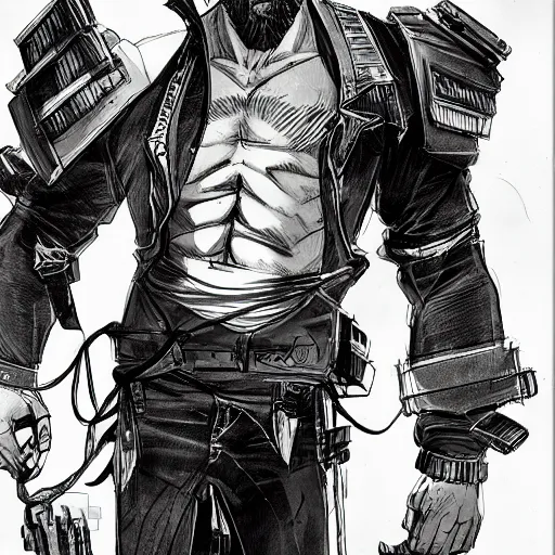 Prompt: concept art character, very high angle view, book cover, very attractive man with beard, walking in cyberpunk valley highly detailed full body, strong masculine features, sturdy body, command presence, royalty, smooth, sharp focus, organic, appealing, book cover, deep shadows, by Dave McKean, borderlands 3, sketch lineart for character design