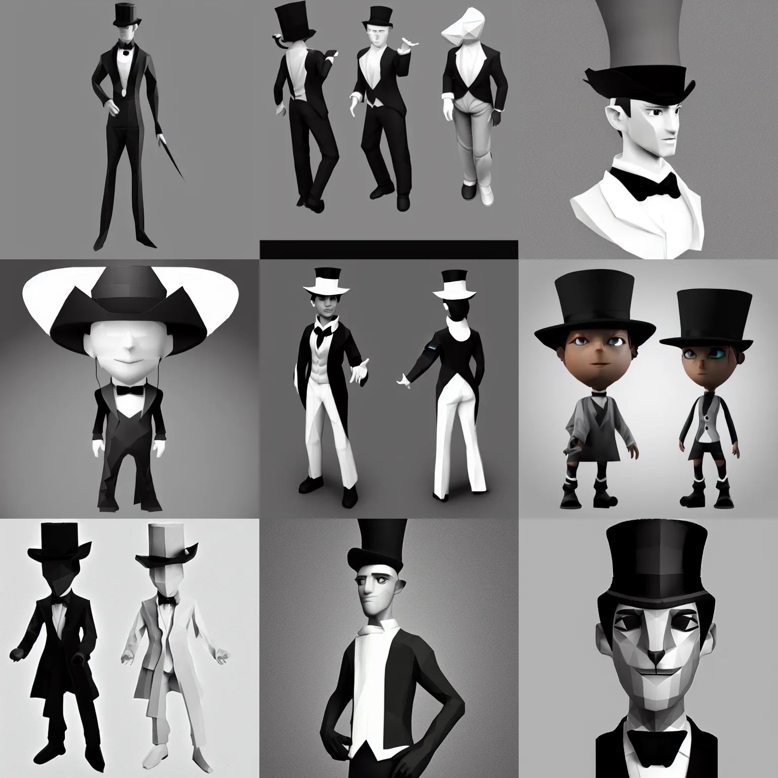 Prompt: black and white video game avatar with classical suit and low - poly top hat, artstation, simple lighting