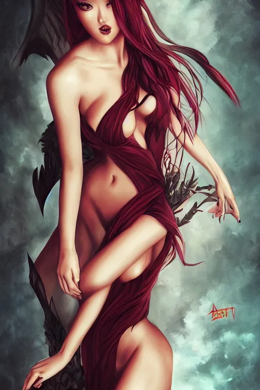 Image similar to Succubus in tight sundress portrait, by artgerm, WLOP and Ross Tran