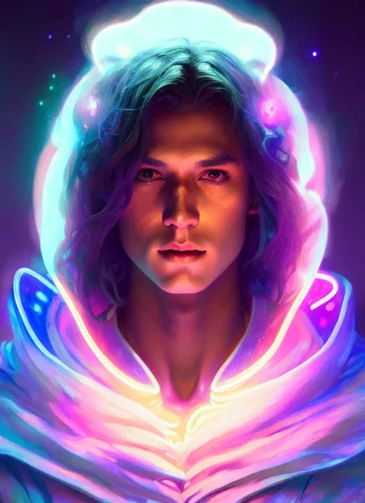 Image similar to a faceless masculine humanoid liquefied stardust adventurer, dnd fantasy character, full body portrait, glowing neon skin, magical aura, ultra realistic, intricate, elegant, highly detailed, digital painting, artstation, smooth, sharp, focus, illustration, art by artgerm and greg rutkowski and alphonse mucha