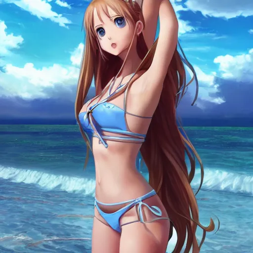 Image similar to a very beautiful young yuuki asuna playing guitar, full body, long wavy blond hair, sky blue eyes, full round face,, bikini, miniskirt, front view, mid - shot, highly detailed, cinematic wallpaper by stanley artgerm lau
