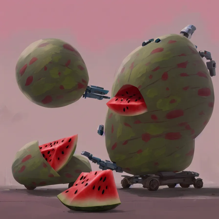 Image similar to Goro Fujita illustrating a watermelon military machine defending a city, art by Goro Fujita, sharp focus, highly detailed, ArtStation