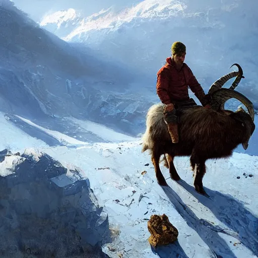 Prompt: a hiker man with a goat on top of a icy mountain, cinematic, painting by craig mullins