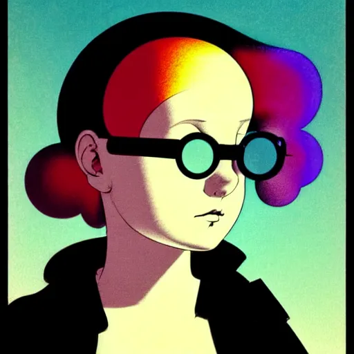 Prompt: a chubby young goth girl an asymmetrical ombre mohawk wearing oversized euro glasses and a black tshirt. high key, anaglyph lighting, detailed character design, melancholic flat geometric minimalism by oskar schlemmer, moebius, nagel, john berkey, oil on canvas, portrait facial head, featured on artstation, hd wallpaper, anime art nouveau cosmic display