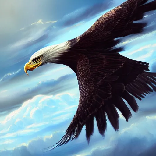 Image similar to A extremely detailed painting of a eagle with a fighterjet-helmet, standing bird, sharp claws, cloudy, midnight, smoke, ultra high detail digital art, trending on Artstation, unreal engine