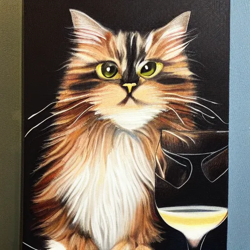 Prompt: of a british longhair cat sitting at the bar next to a beer, cinematic. intricately detailed acrylic painting