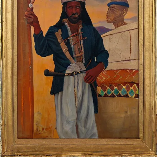 Image similar to oil painting of a berber corsair at the helm of a ship