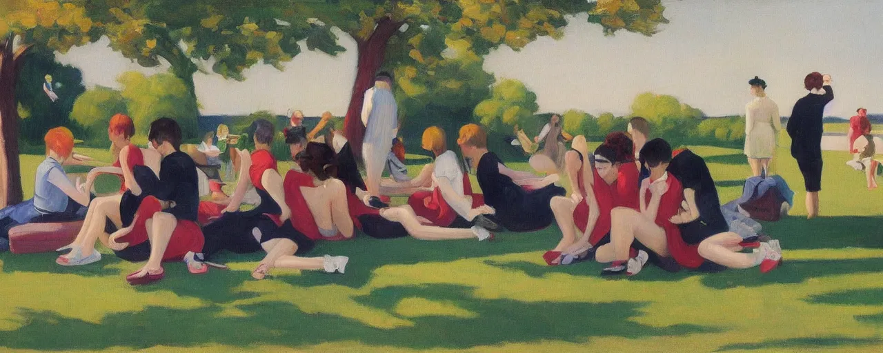 Image similar to an edward hopper style painting of a young generation z group of friends drinking in a park on sundah