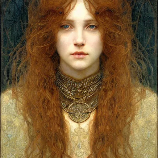 Image similar to detailed realistic beautiful young medieval queen face portrait by jean delville and ruan jia, art nouveau, symbolist, visionary, gothic, pre - raphaelite