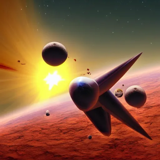 Image similar to starship crashes upon the red planet, sun bursts