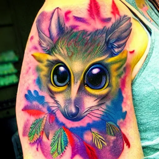 Image similar to shoulder tattoo of a multicolored trippy furry cute bushbaby, eyes are colorful spirals, surrounded with colorful marihuana leaves, insanely integrate