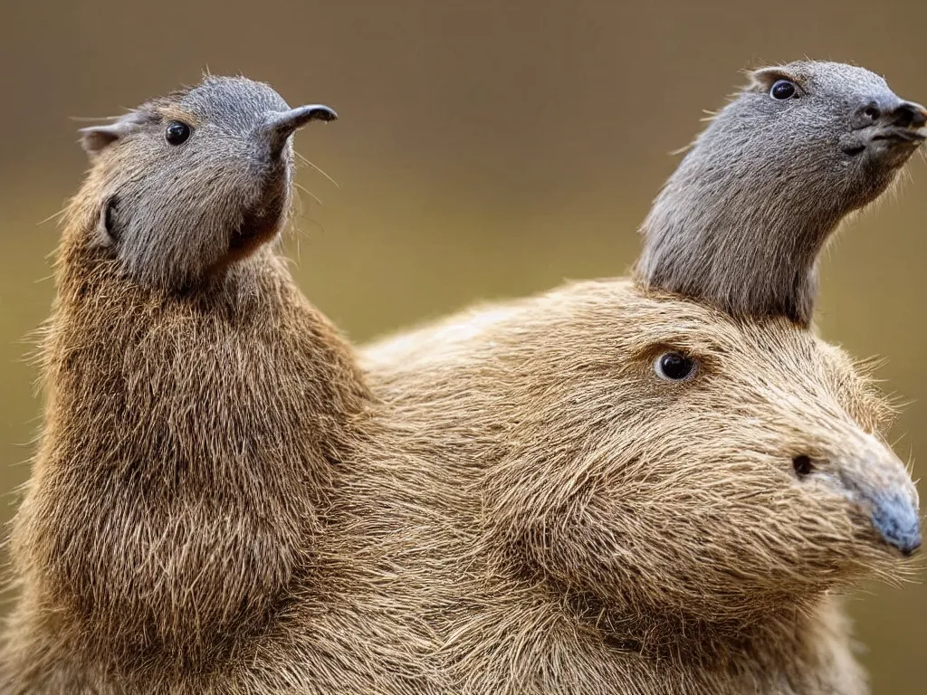 Prompt: award wining photo of bird on top of a capybara