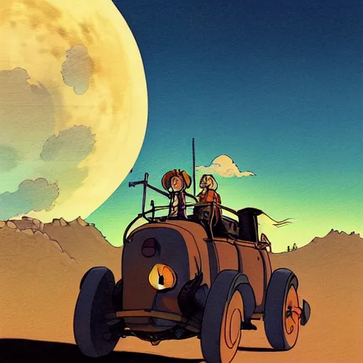 Image similar to a study of cell shaded cartoon of a huge bull and bear howl's moving castle ( 2 0 0 4 ) on a desert road, in front of a big moon, full body, wide shot, very muted colors, post grunge, studio ghibli, laurie greasley, highly detailed, deviantart, art by artgem