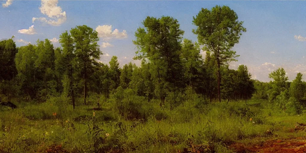 Prompt: summer landscape, blooming lush field, forest, clean river, matte painting, by Isaac Levitan and Vasily Perov