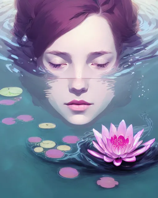 Image similar to hyper - realistic portrait of a ophelia underwater, water lilies, by atey ghailan, by greg rutkowski, by greg tocchini, by james gilleard, by joe fenton, by kaethe butcher, dynamic lighting, gradient light purple, brown, blonde cream and white color scheme, grunge aesthetic