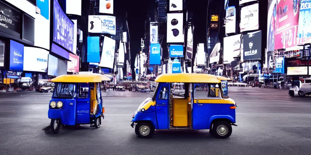 Image similar to a blue and white tuk tuk in Times Square at night, hazy, cloudy, diffused lighting, concept art, dark purple tones, shallow depth of field4k