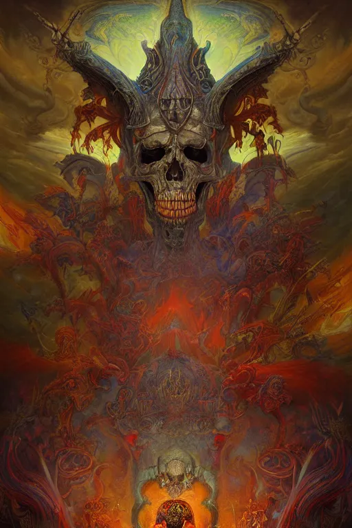 Image similar to gigantic psychedelic demonic skull lord of death and fire, fantasy painting, ultra realistic, wide angle, art nouveau, intricate details, rainbowshift, vivid colors, highly detailed by peter mohrbacher, h. r. giger, maxfield parrish, gaston bussiere, gustave dore, beksinski, craig mullins, octane render, cgi