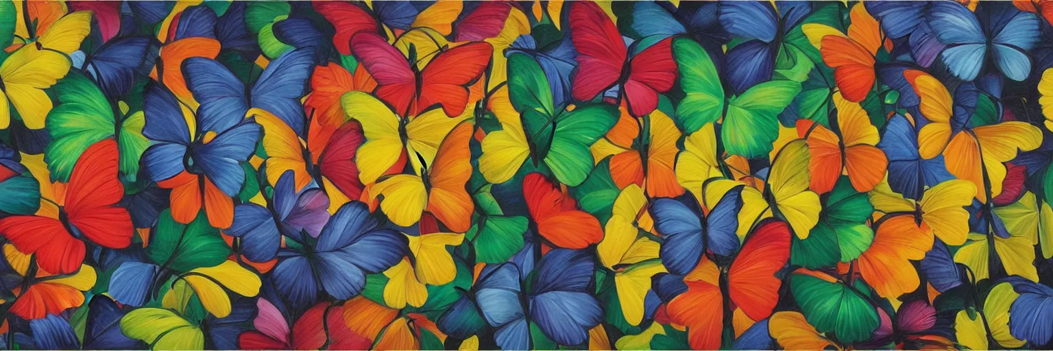 Prompt: colorful butterflies oil painting magritte