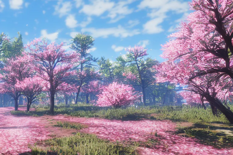 Image similar to A Cherry Blossom forest in Red Dead Redemption 2