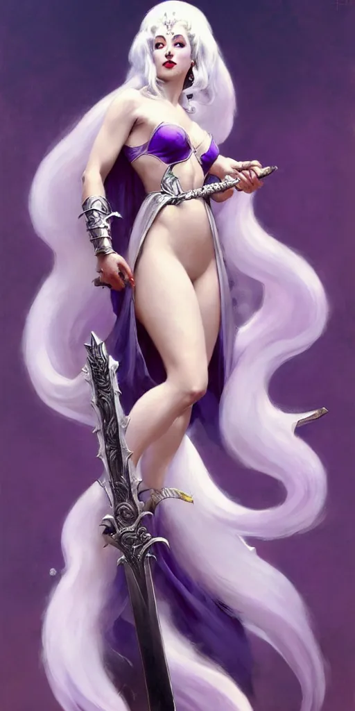 Image similar to frank frazetta painting of queen of hokra, silver white hair, violet long gown, full body, sorceress sword, soft lighting, trending on artstation, by huang guangjian and gil elvgren and sachin teng