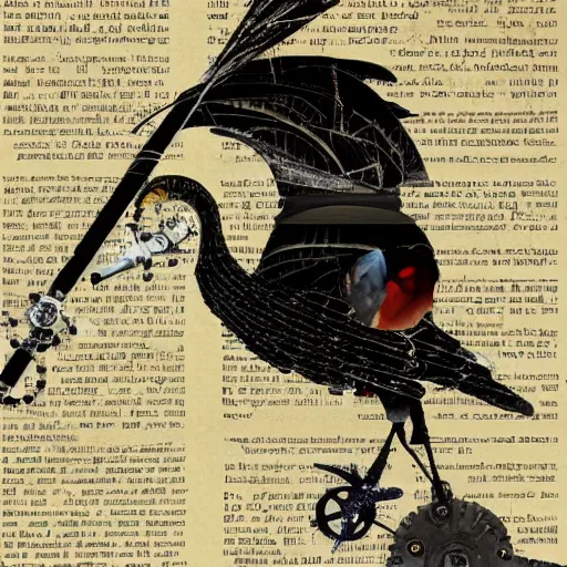 Image similar to a mechanical bird wanders between the cybernetic realms of urban science and social science, collage artwork by dave mckean and ivan shishkin and yoshitaka amano