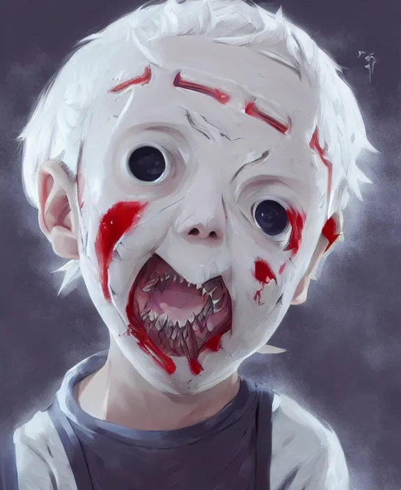 Image similar to cute little boy with white hair anime character inspired by jason voorhees, art by rossdraws, wlop, ilya kuvshinov, artgem lau, sakimichan, jakub rebelka and makoto shinkai, anatomically correct, extremely coherent, highly detailed, sharp focus, slasher movies, smooth, very realistic, symmetrical