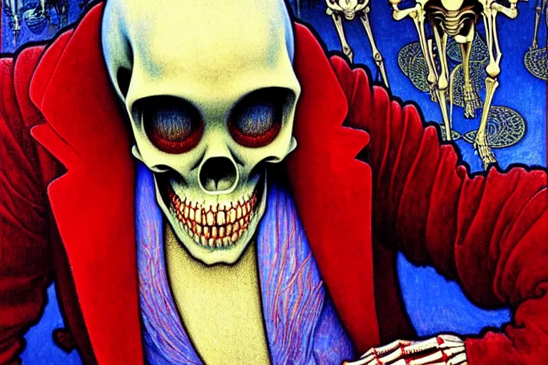 Image similar to realistic detailed closeup portrait painting of a single skeleton wearing red velvet blazer in a crowded futuristic moscow street by Jean Delville, Amano, Yves Tanguy, Alphonse Mucha, Ernst Haeckel, Edward Robert Hughes, Roger Dean, rich moody colours, blue eyes