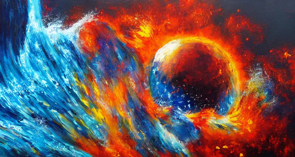 Image similar to award winning painting, planet of water crashing into a planet of fire, bright explosion