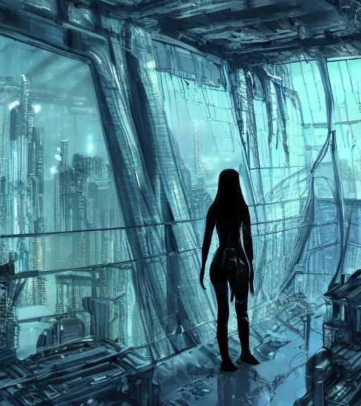 Image similar to andrei tarkovsky cyberpunk greatest scene, ancient tower of babylon, woman in transparent cyber clothing, hyperrealistic, blame, manga style, drawing by tsutomu nihei, cyber world, ambient lighting, concept art, hyper - detailed, smooth, masterpiece, epic, ray tracing, cinematic, high quality