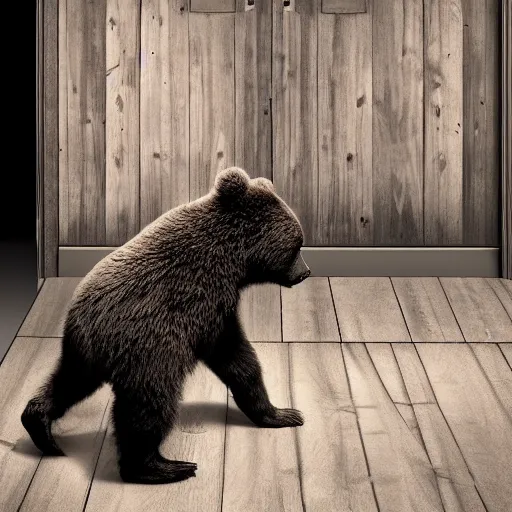 Image similar to dark photograph of a small bear mascot walking through a large wooden doorway