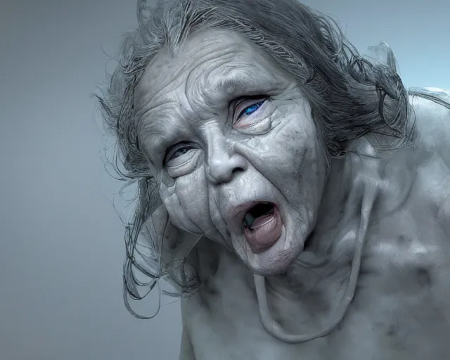 Image similar to of a very beautiful scene. ambient occlusion render. a sweet fat old woman is giving birth to a huge art book. hyper realistic. 4 k. wide angle. wild. symmetrical face, red mouth, blue eyes. deep focus, lovely scene. ambient occlusion render. concept art. unreal engine.